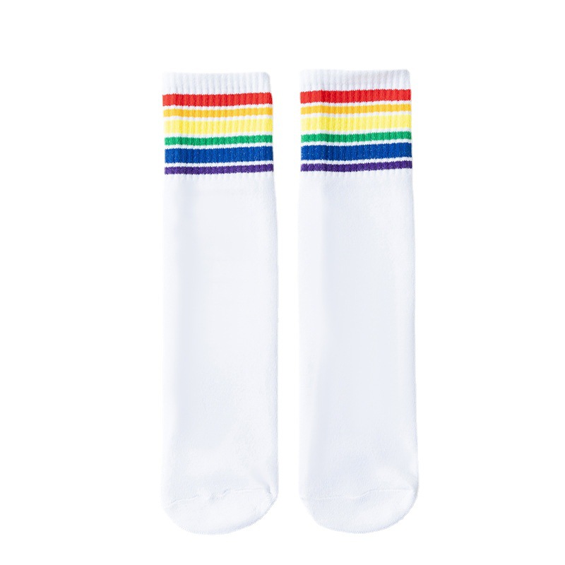 儿童彩虹袜子女童白色中筒袜少儿