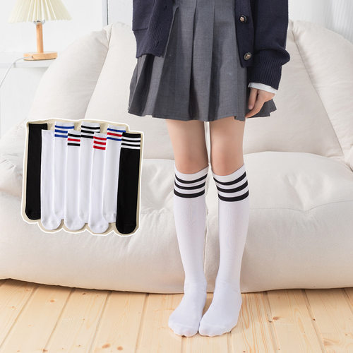 抗起球儿童三条杠过膝袜长筒袜子女童学院风白色中筒足球袜春秋