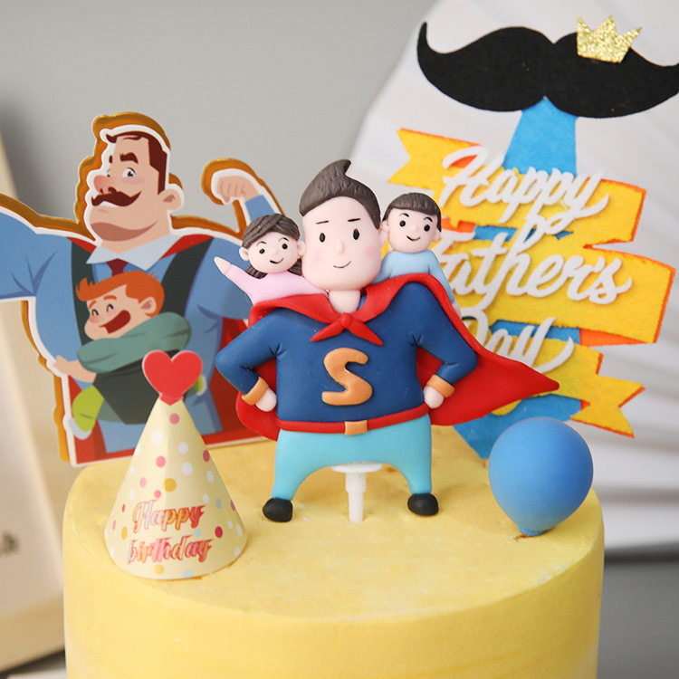 网红父亲节蛋糕装饰软陶爸超人爸爸蛋糕摆件男神插件生日插牌烘焙