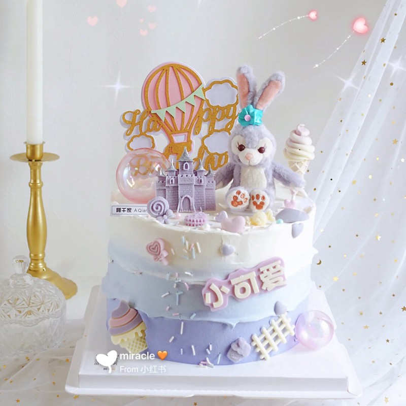 网红星戴露生日蛋糕装饰儿童毛绒紫色兔子公仔史黛拉兔套餐