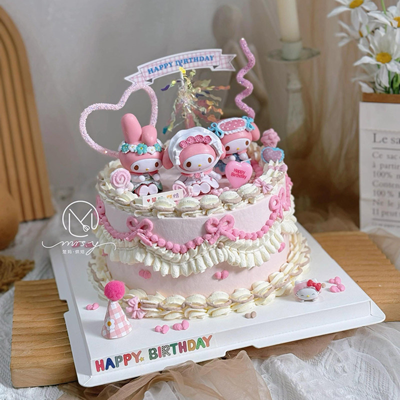 三丽鸥玩偶女孩粉色甜品台美乐蒂库洛米KT猫生日蛋糕装饰摆件装扮