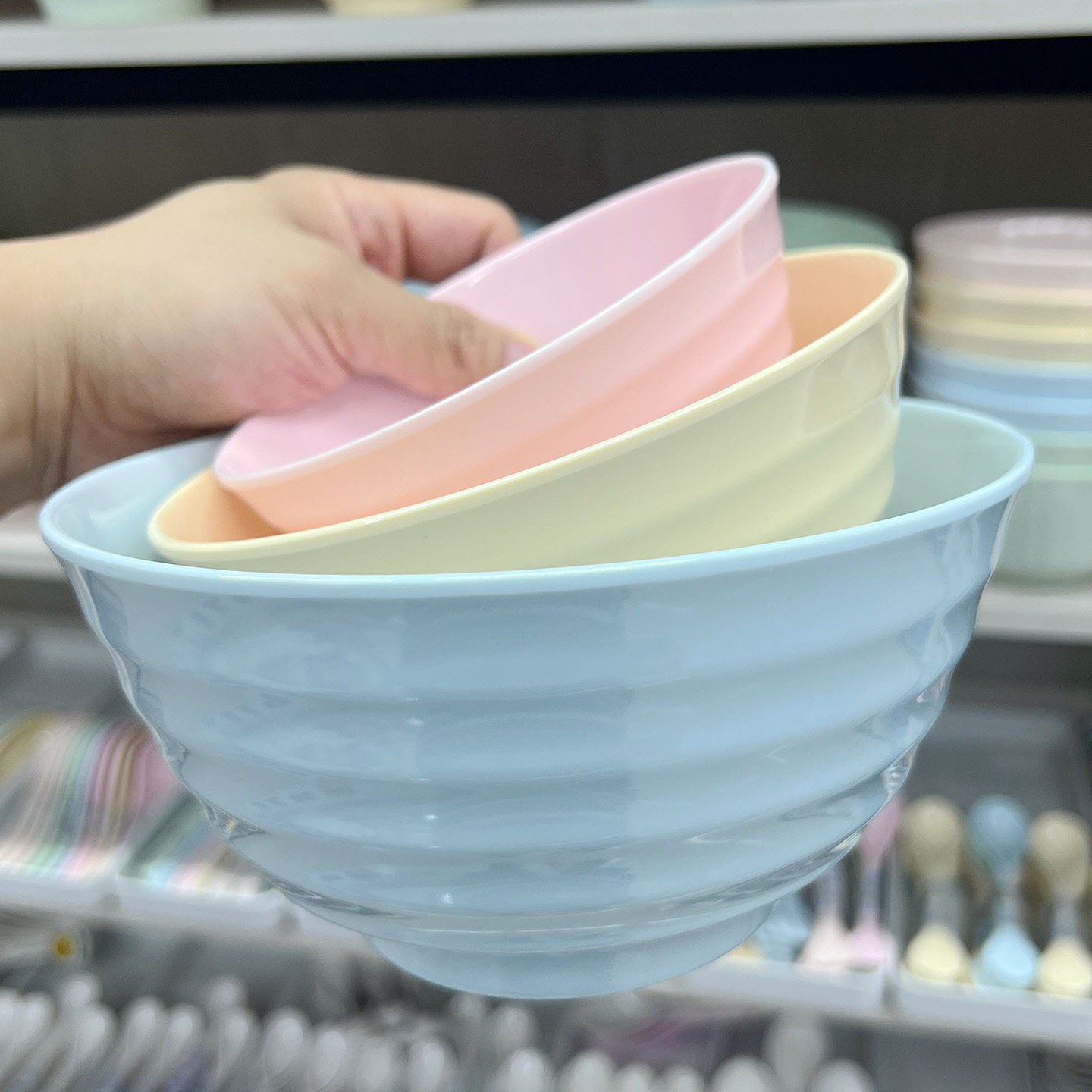 条纹圆形甜品店彩色马卡龙粉色纯色泡面汤碗大拉面碗商用密胺树脂