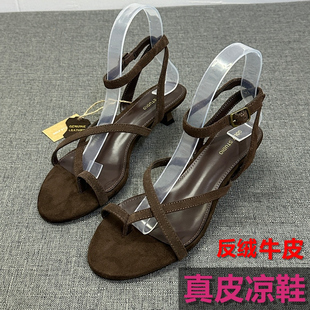 外贸大厂货真皮反绒牛皮细带夹趾凉鞋女夏中跟一字扣带百搭时装鞋