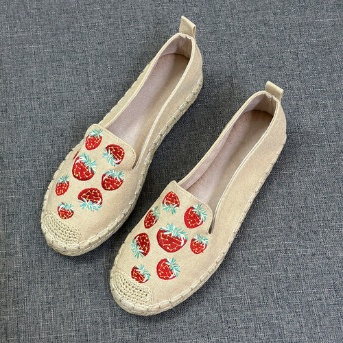 草莓刺绣平底一脚蹬渔夫鞋女