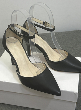 外贸撤柜高端真皮脚垫黑色尖头细高跟凉鞋女一字扣带通勤浅口单鞋