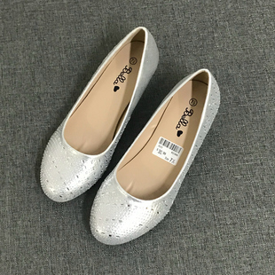 外贸大码 女鞋 欧美银色时尚 亮片水钻圆头浅口小坡跟宽脚胖MM单鞋