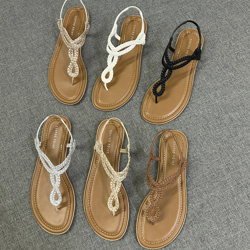 女夏外贸罗马编织夹趾平底凉鞋