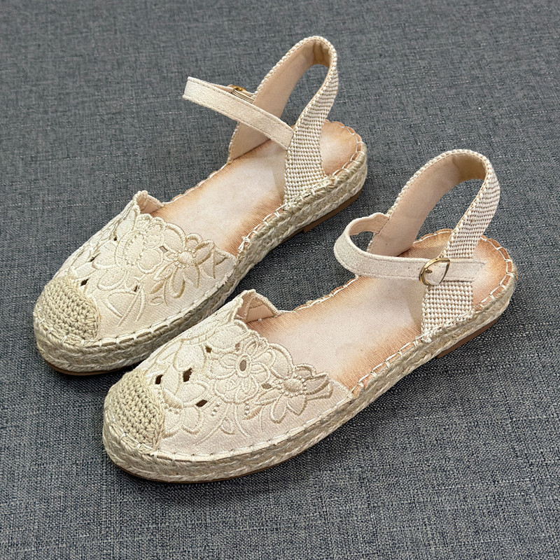外贸跨境新款草编渔夫鞋女刺绣镂空一字扣厚底百搭平底女士凉鞋,女鞋,渔夫鞋,淘宝优惠券,粉丝福利购,淘宝优惠卷