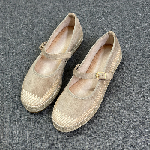 刺绣平底玛丽珍鞋女平底