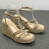 高跟鞋 外贸出口坡跟厚底草编一字扣带凉鞋 女夏防水台松糕百搭时尚