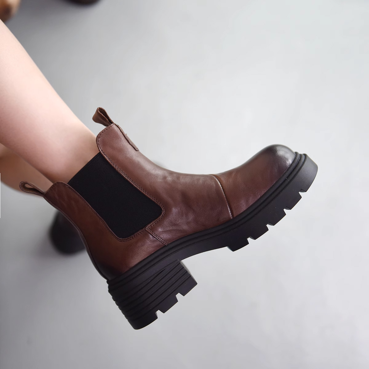 头层牛皮防水台5cm粗中跟