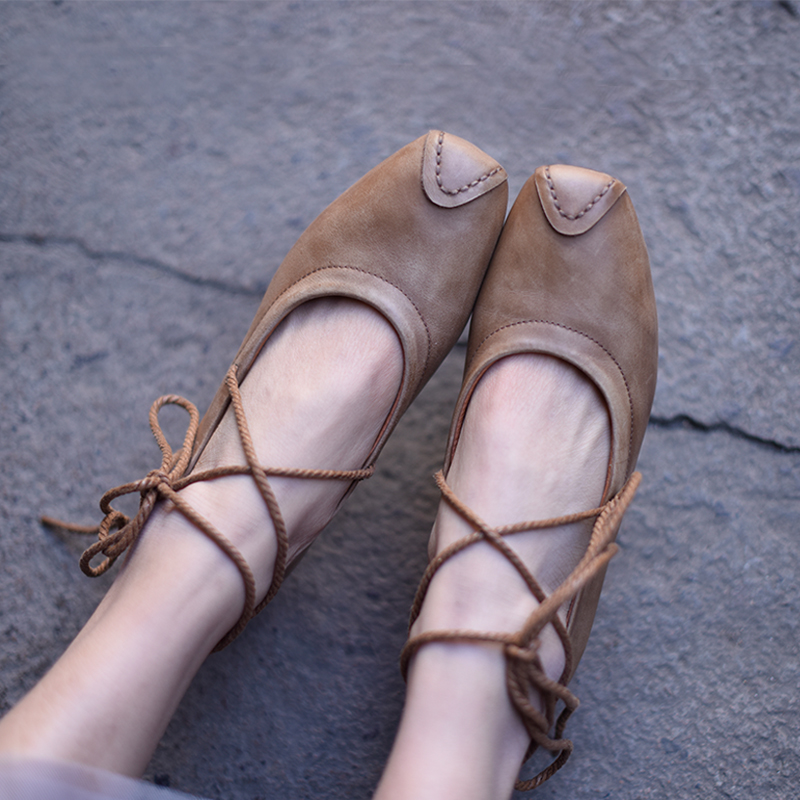 artmu阿木diy绑带牛皮平底单鞋