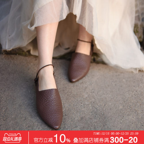 阿木真皮尖头单鞋女低跟奶奶鞋