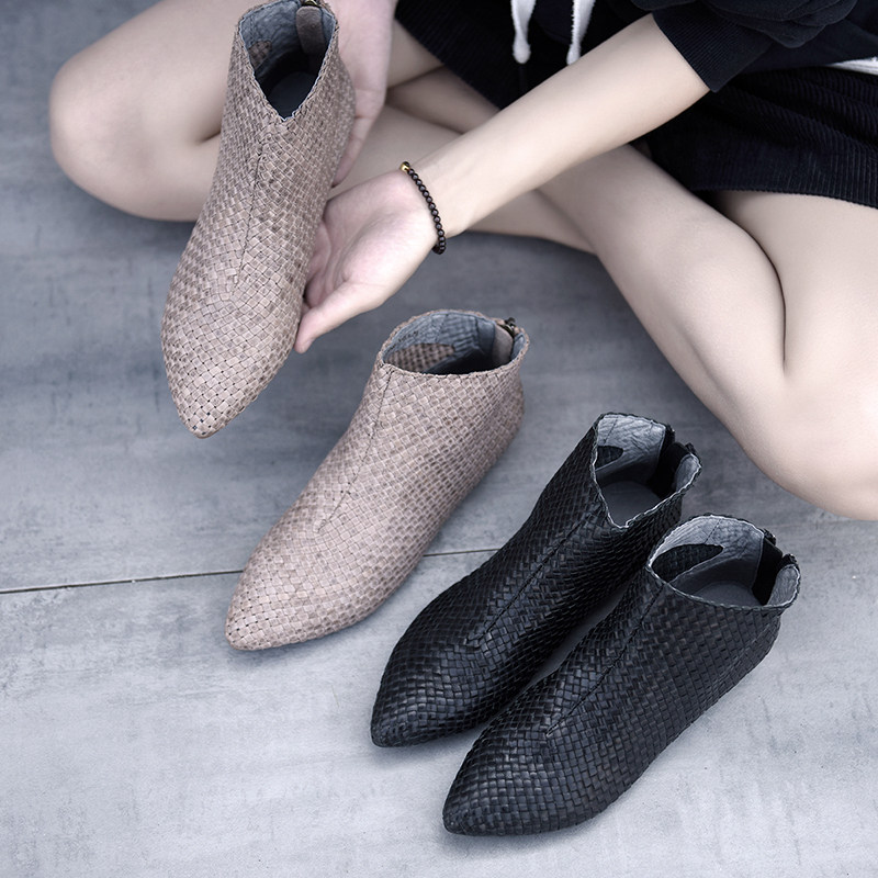 Artmu阿木复古手工编织女靴子定制尖头平底踝靴真皮短靴新款