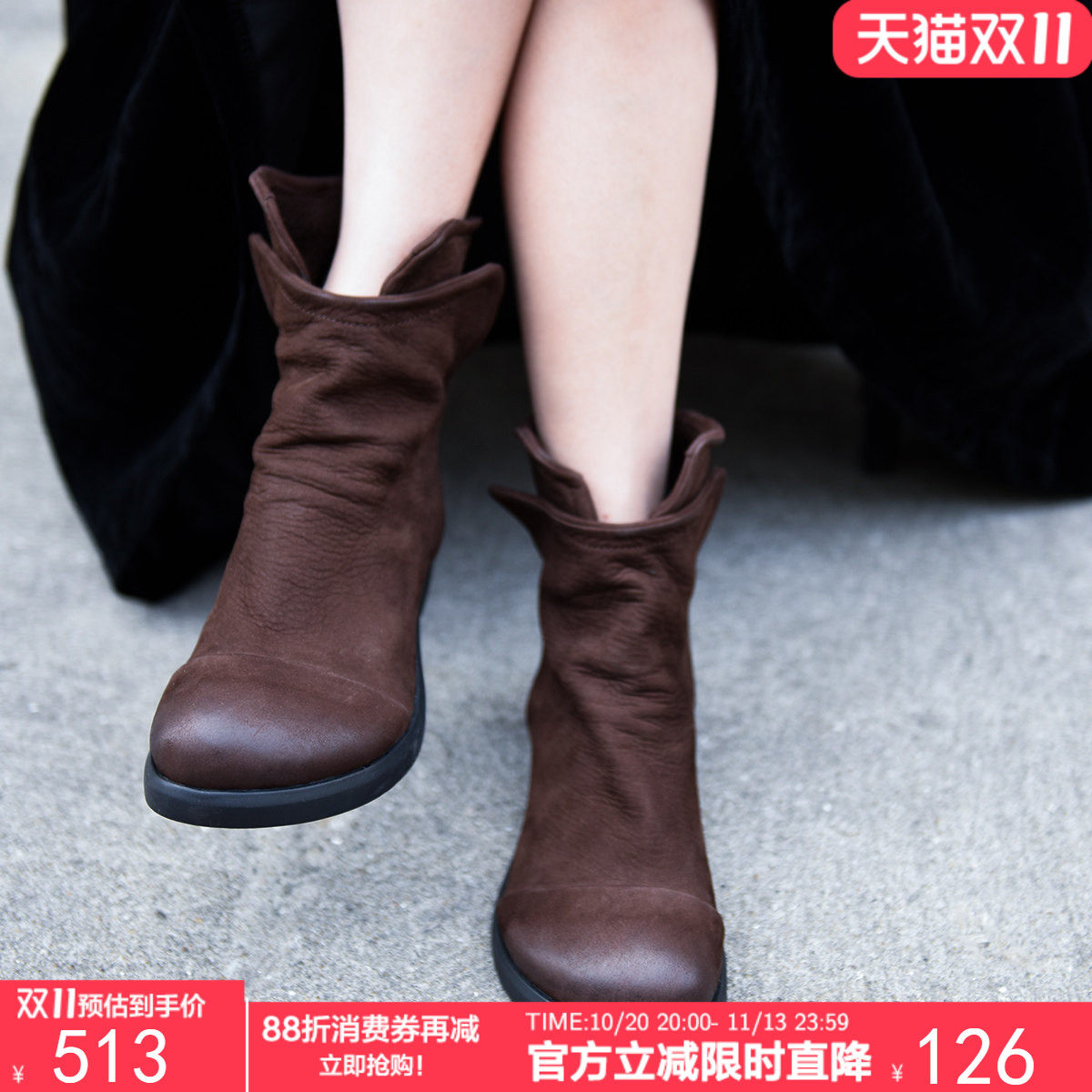 Artmu阿木原创复古手工大头鞋短靴2026新款马丁靴加绒真皮靴子女