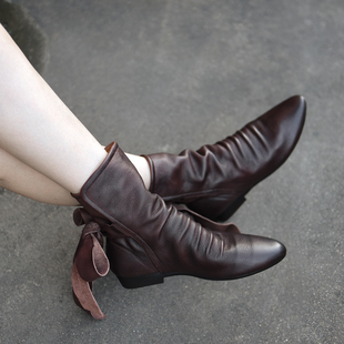 Artmu阿木原创复古尖头蝴蝶结短靴堆堆靴两穿倒靴真皮女靴子新款