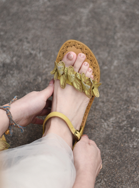 Artmu阿木原创真皮凉鞋女夏外穿2025新款绿色蝴蝶结一字平底凉鞋