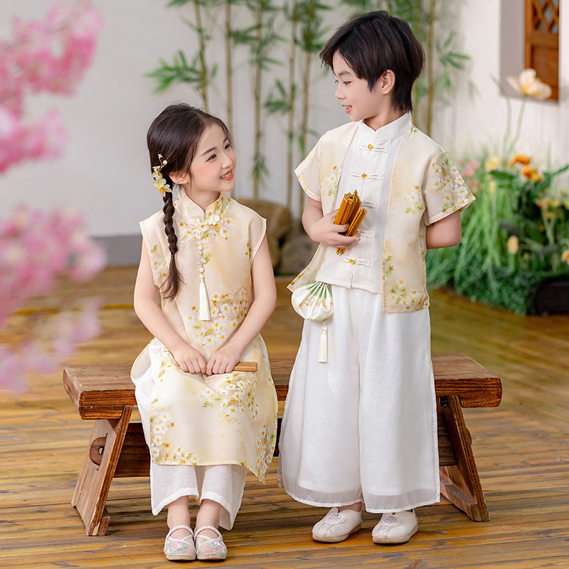 男童汉服春夏新中式国风亲子装唐装女童古风古装幼儿园日常演出服