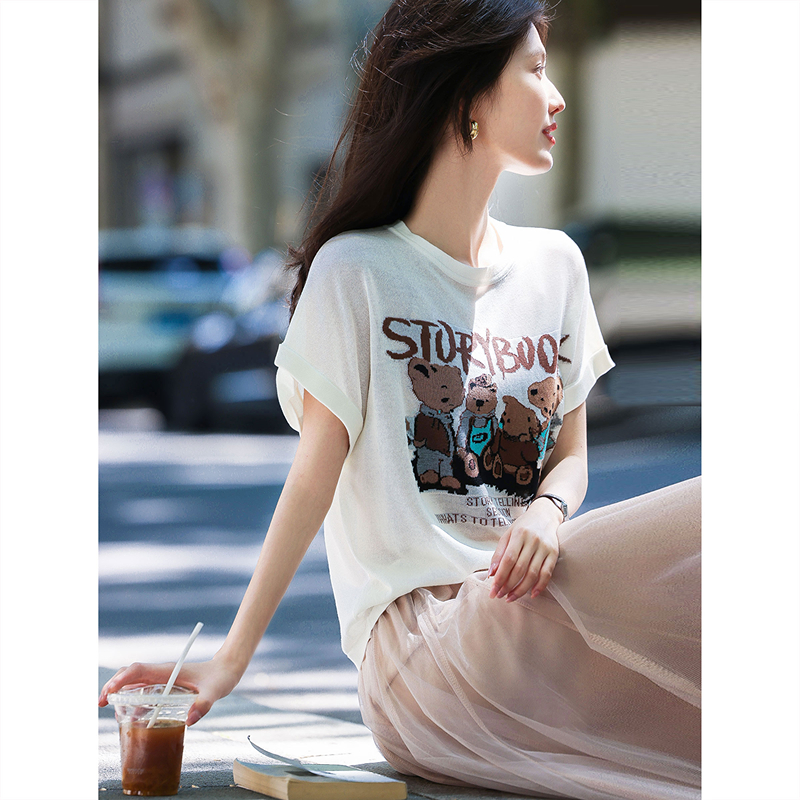 时尚气质针织衫2025年夏季新款女简约针织薄款可爱通勤套头短袖T