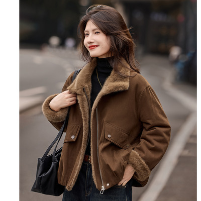 休闲保暖翻皮草外套2025年冬季新款加绒厚外衣女装SXPC25059
