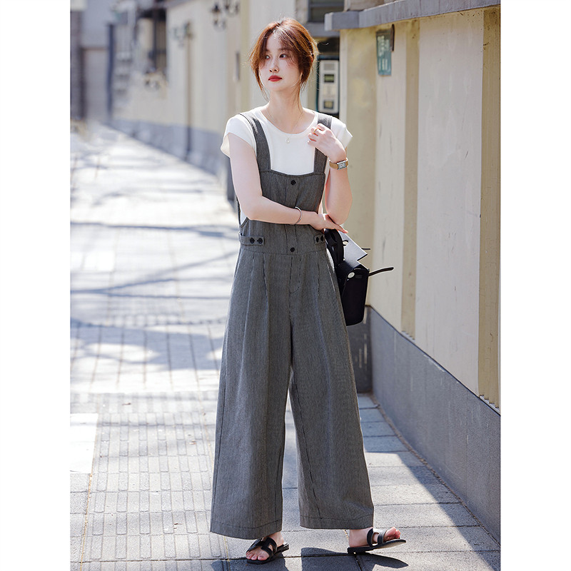 时尚气质套装2025年夏季新款女休闲通勤高级宽松街头阔腿背带长裤