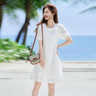 时尚短袖连衣裙2025年夏季新款女简约大气知性温柔淑女中长短袖裙