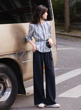 收腰显瘦条纹套头衬衫2025秋季新款长袖上衣长裤套装SXTZC25185