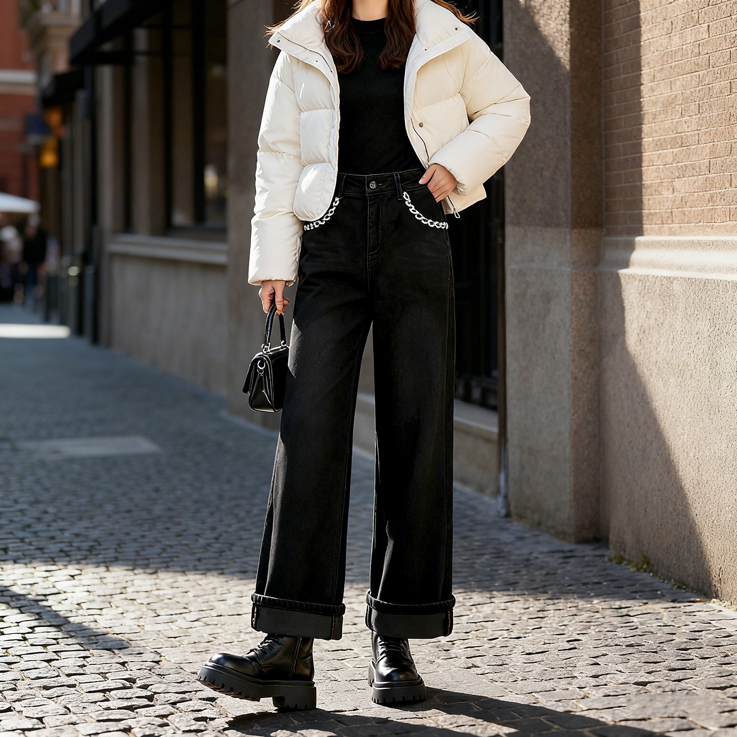 冬季加绒显瘦百搭女九分牛仔裤