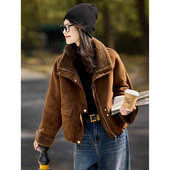 时尚 通勤皮草上衣 高级百搭翻领加厚短款 仿皮草外套2024年冬季 新款