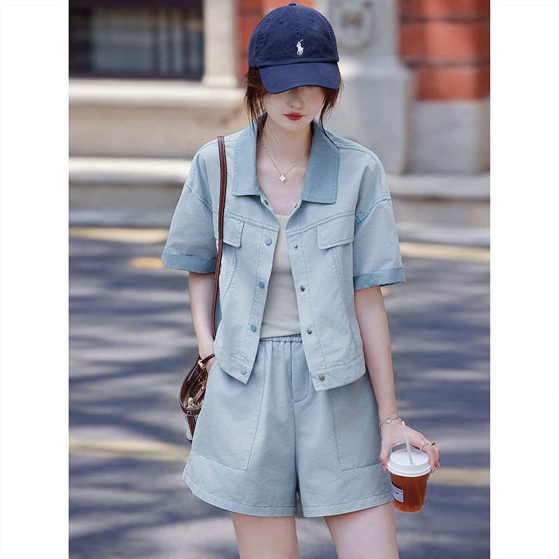 时尚气质套装2025年夏季新款女通勤减龄街头个性衬衫领短裤两件套