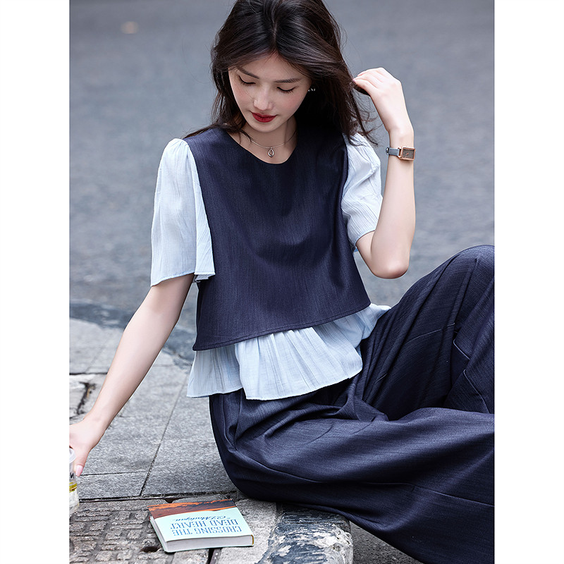 时尚气质套装2025年夏季新款女拼接休闲简约大气通勤长裤两件套