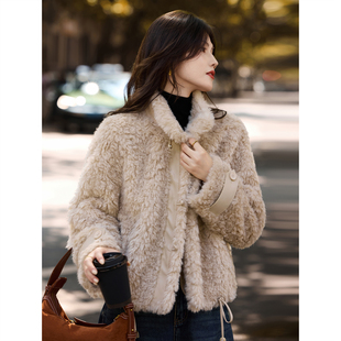 苏醒的乐园仿羊羔毛拼接皮草外套2025年冬季新款女百搭短款上衣