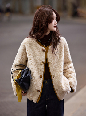 圆领撞色仿皮草外套2025年冬季新款上衣女装SXPC25070