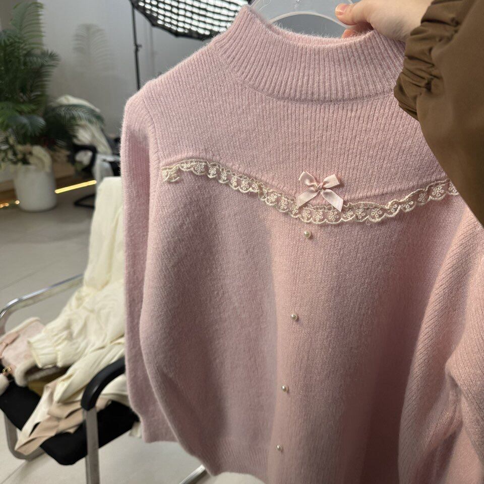 苏醒的乐园冬季新款蕾丝边蝴蝶结小珍珠少女感毛衣-SXMY25152