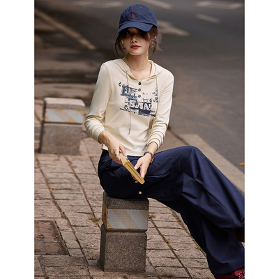 苏醒的乐园美式休闲连帽T恤工装裤套装2025年秋季新款女装两件套