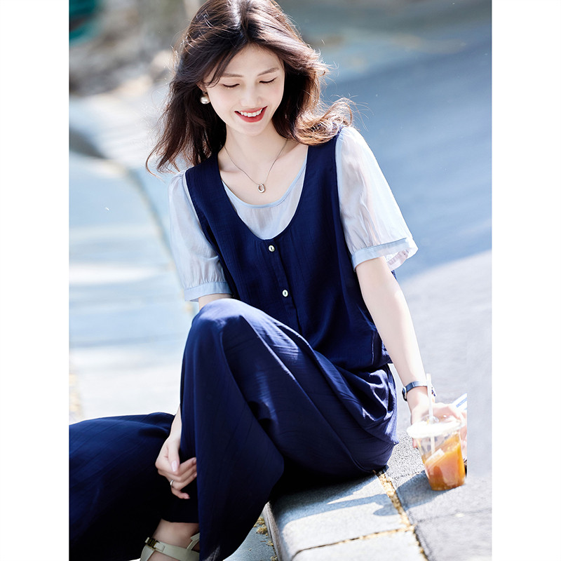 时尚气质套装2025年夏季新款女休闲拼接简约通勤职场风长裤两件套