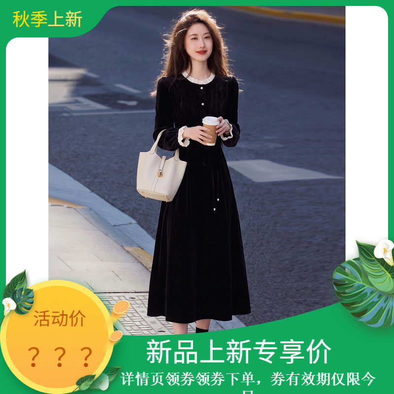 赫本风丝绒花卉长袖连衣裙