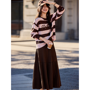 女装 温柔淑女气质条纹针织套头衫 两件套装 新款 半裙2025年冬季