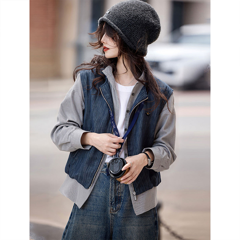 2025秋季新款休闲拼接假两件含苎麻夹克外套上衣女装SXWT25280