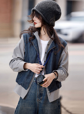 2025秋季新款休闲拼接假两件含苎麻夹克外套上衣女装SXWT25280