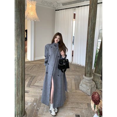 双排扣复古灰色立领毛呢外套女冬季高级感宽松韩版中长款呢子大衣