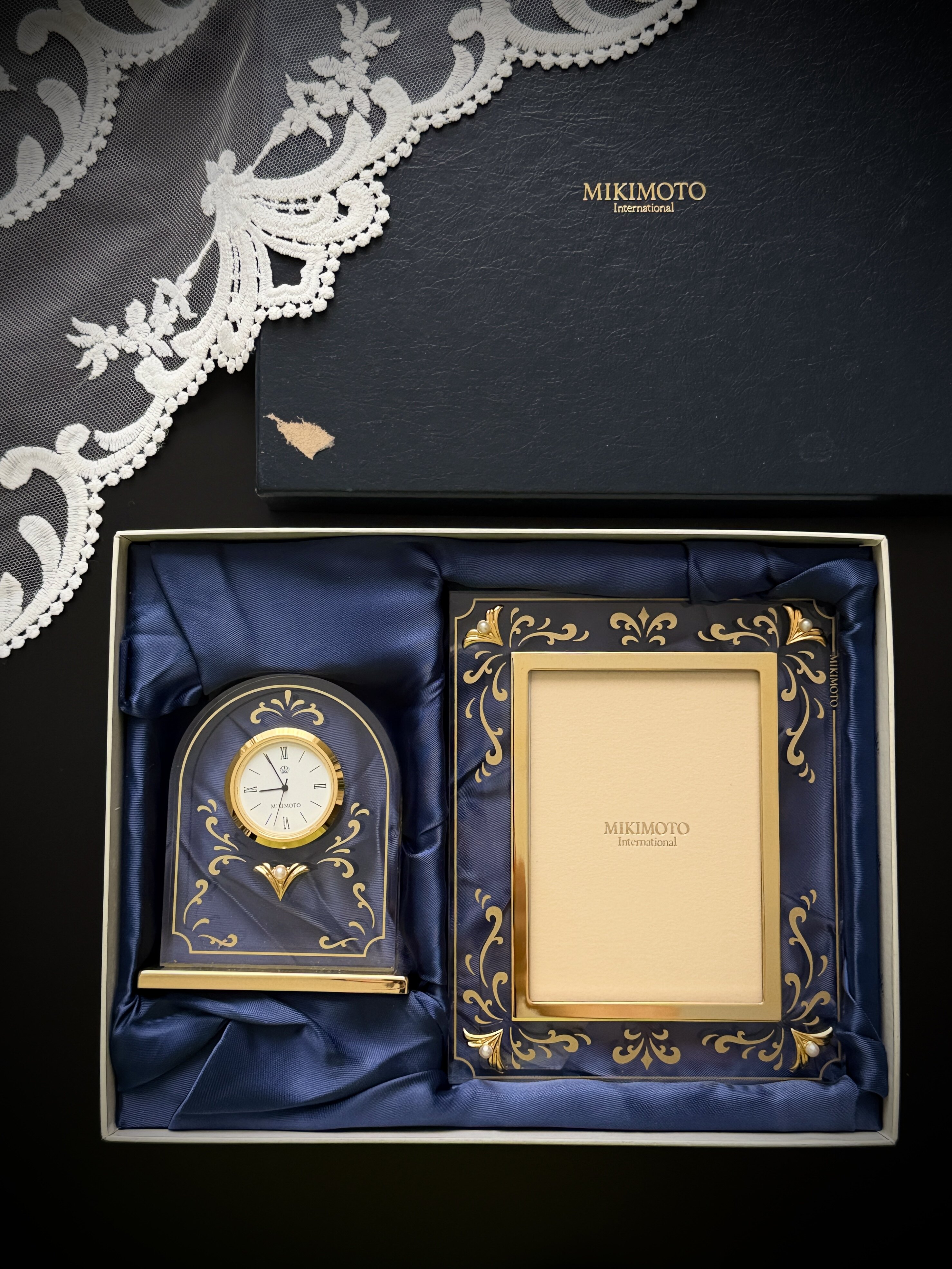 日本MIKIMOTO/御木本 金色海浪纹座钟相框套装·中古
