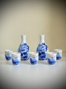 日本深川制青花描金牡丹酒具酒器酒壶酒杯清酒日式酒具·中古