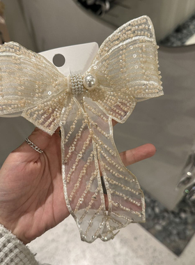 432206韩国东大门Baket纱纱蝴蝶结珠珠条纹高级感精致弹簧夹发夹