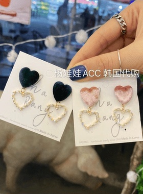 130511韩国东大门布艺爱心镶钻心形耳环百搭可爱精致甜美约会耳钉