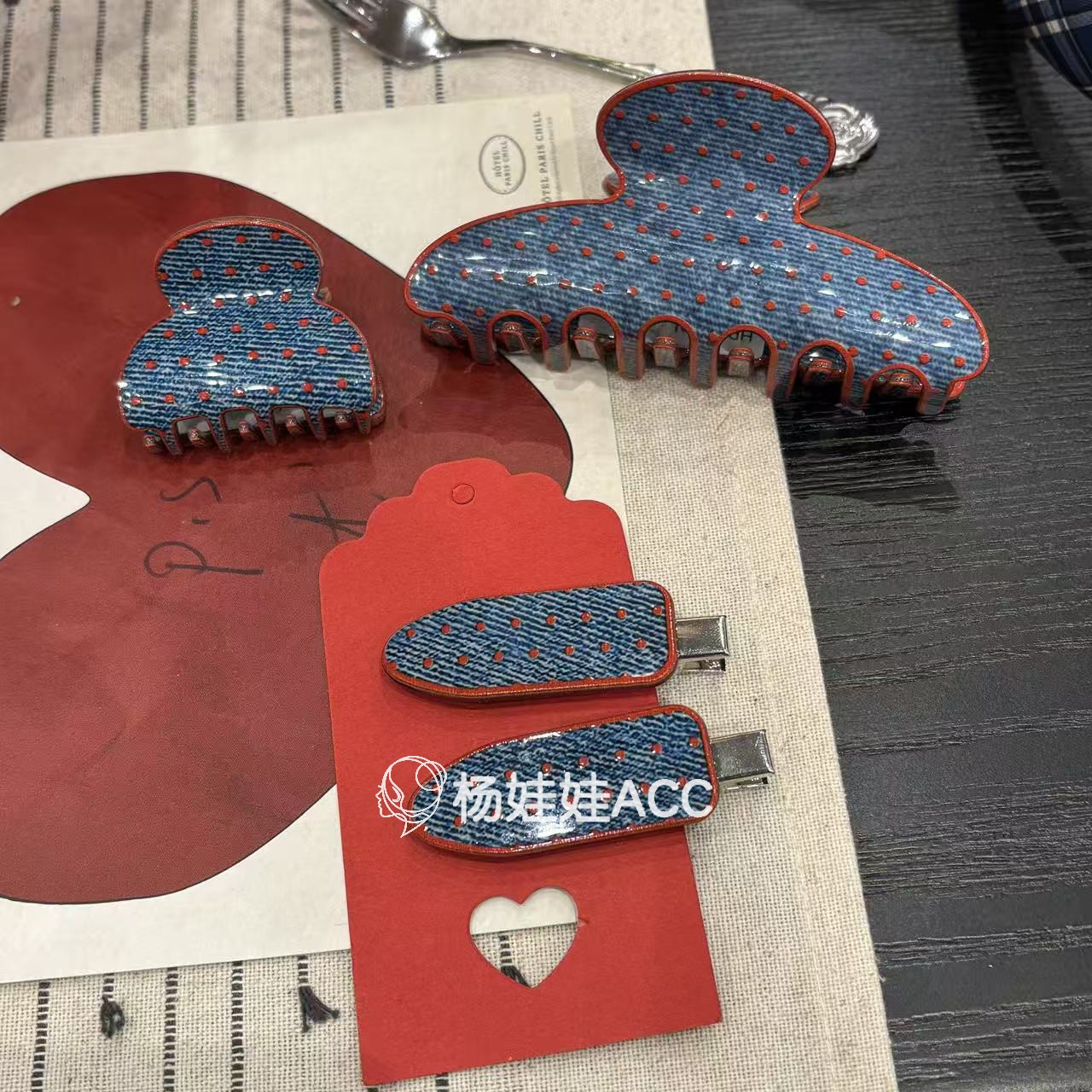 5111107韩国东大门Trois de LEI新款高级感复古牛仔纹理抓夹发夹