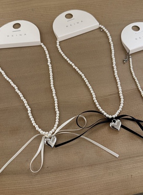391416韩国东大门reina立体金属爱心丝带蝴蝶结珍珠高级感项链