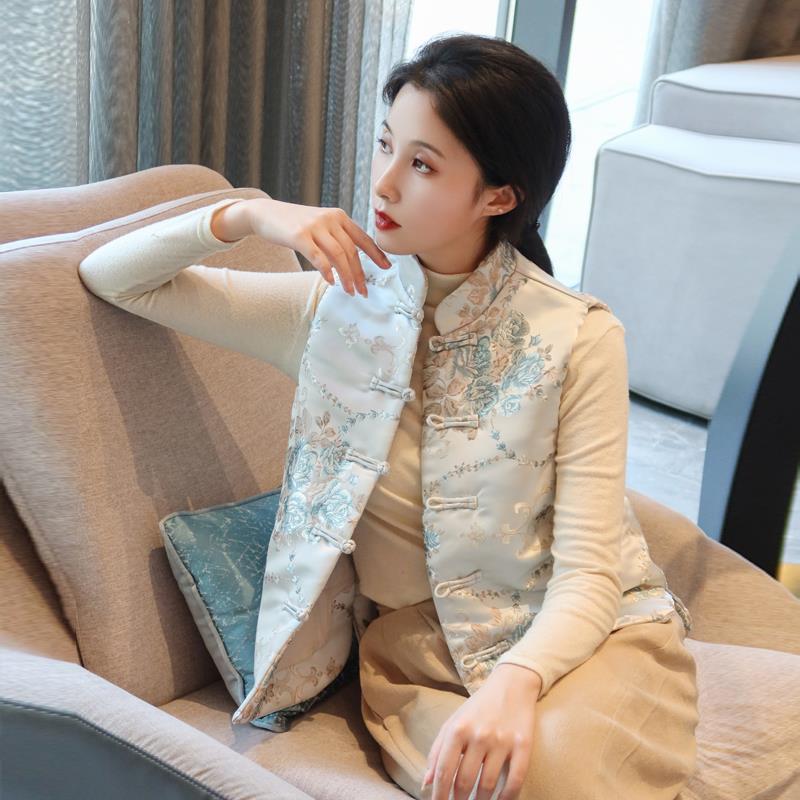 秋冬新中式马甲加厚棉织锦缎提花开衫外搭中国风唐装马夹女背心