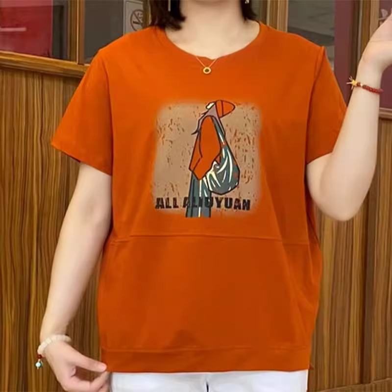 时尚显瘦女士印花T恤2025春季新款中年妈妈宽松大码圆领短袖上衣