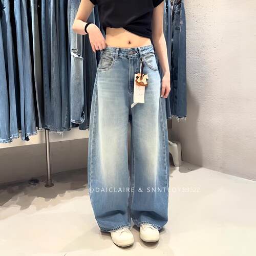 代嘉儿B9322阔腿牛仔裤女2026春款弯刀裤蓝色高腰显瘦无弹老爹裤